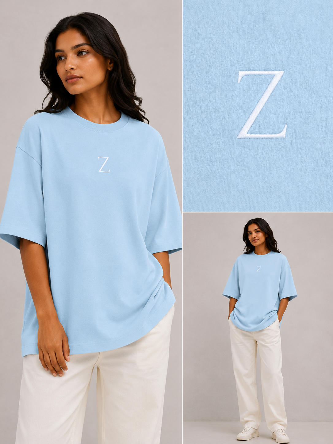 Zeroform , women oversized T-shirts  Woman wearing a light blue t-shirt with a 'Z' logo, standing against a neutral background.