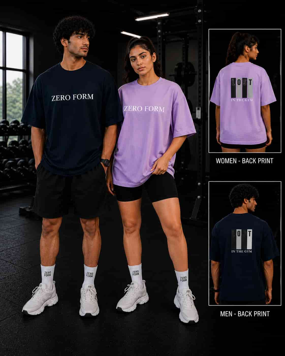 Two people wearing 'Zero Form' t-shirts with a gym setting in the background.