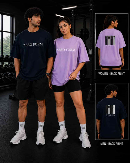 Two people wearing 'Zero Form' t-shirts with a gym setting in the background.