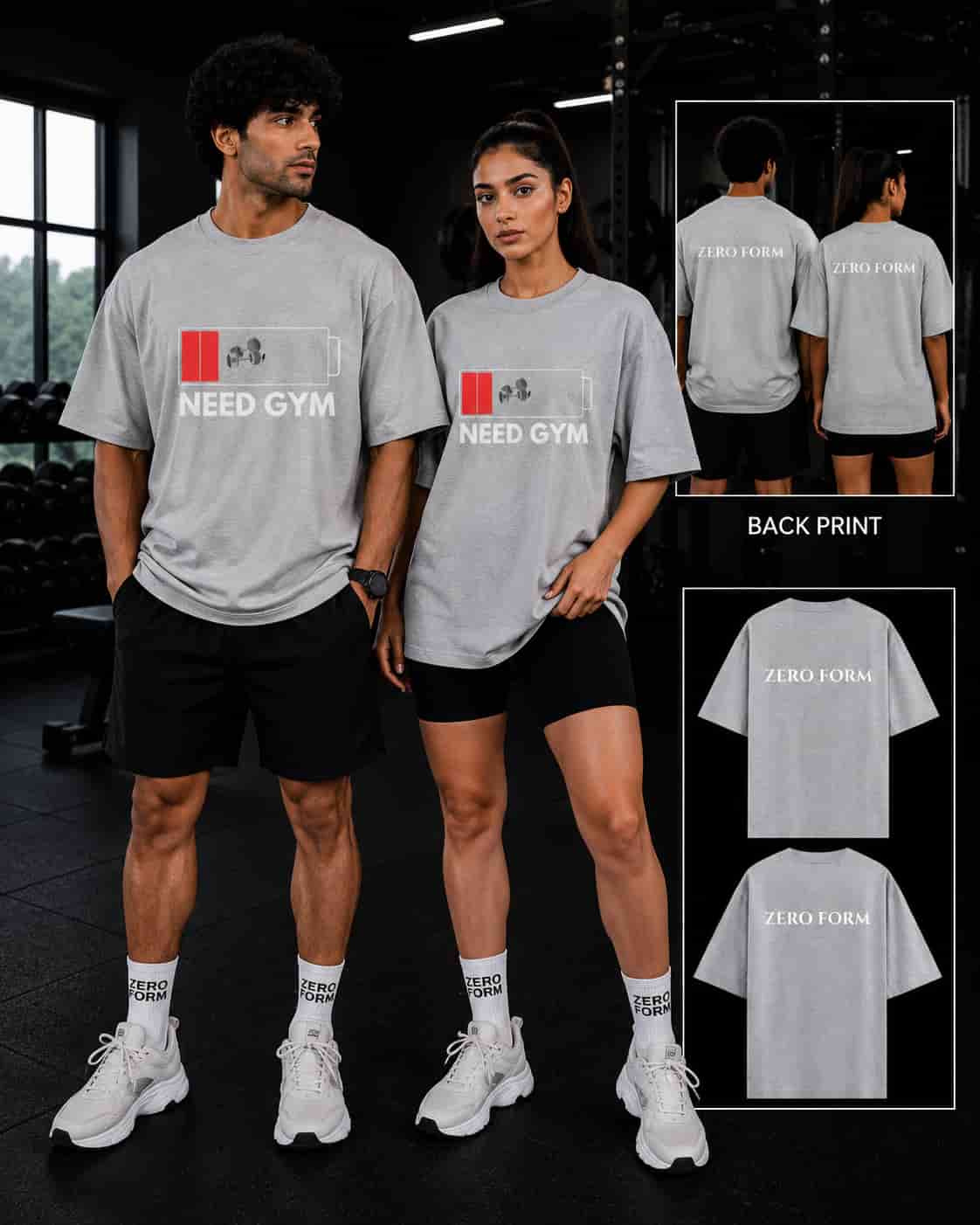 zeroform Two people wearing 'NEED GYM' t-shirts in a gym setting with product details overlayed.