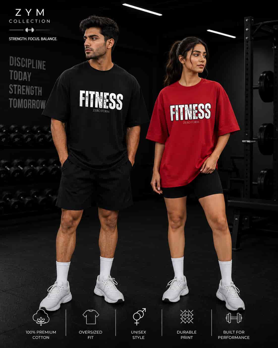 Zeroform Two people wearing 'Fitness' t-shirts in a gym setting with ZYM Collection branding.