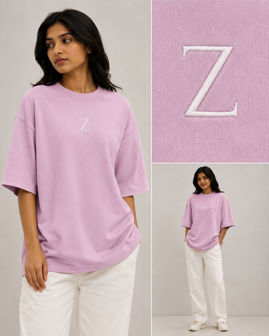 Zeroform , women oversized T-shirts Person wearing a pink oversized t-shirt with a white 'Z' logo, standing against a plain background.