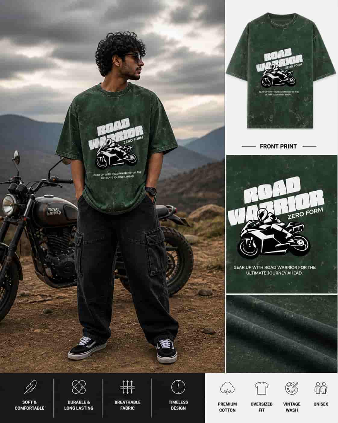Person wearing a green 'Road Warrior' t-shirt with a motorcycle graphic, standing next to a motorcycle in a mountainous landscape.