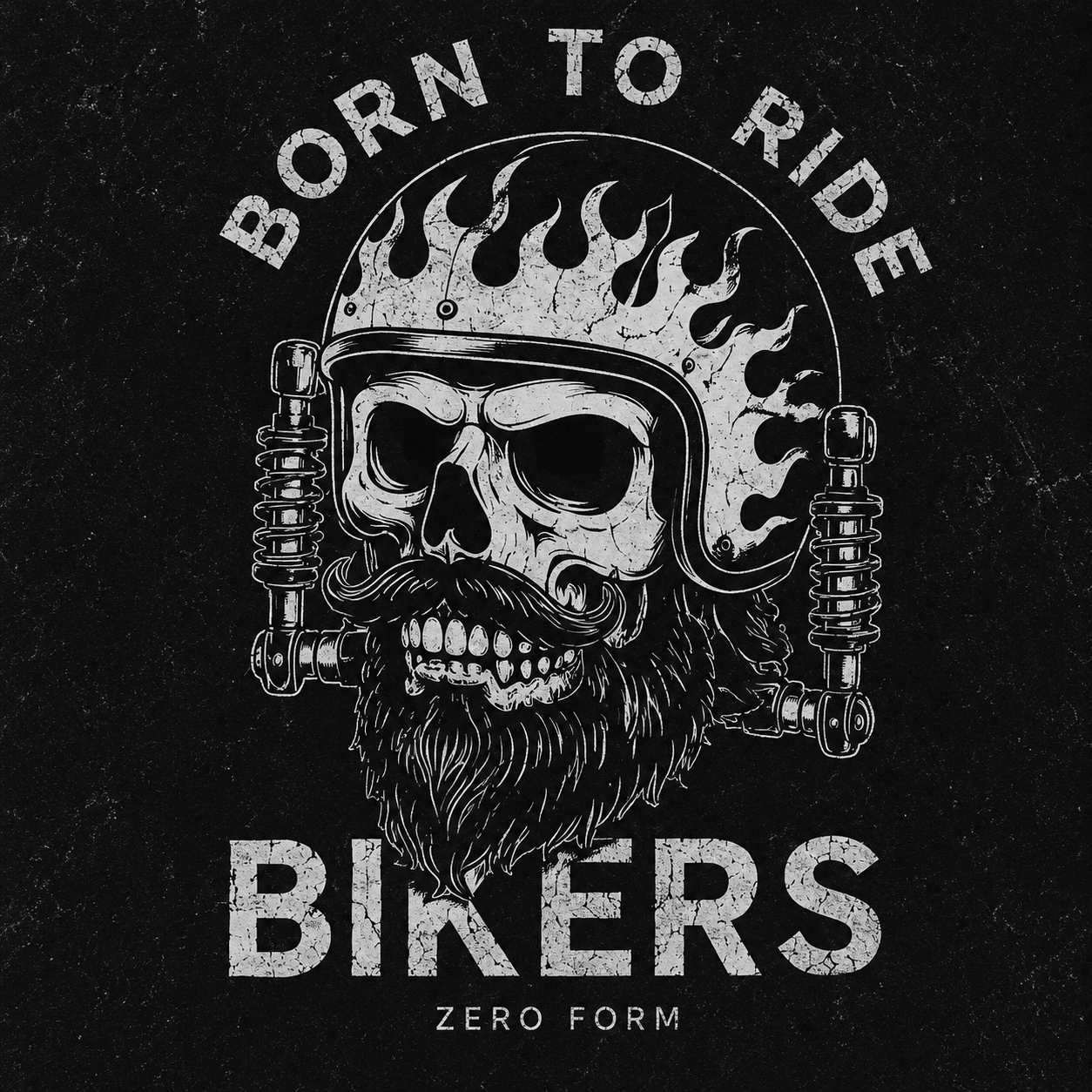Zerofrom Born to Ride Oversized | 100% Cotton Acid Wash Bearded skull wearing a helmet with flames, text 'Born to Ride Bikers' on a black background.