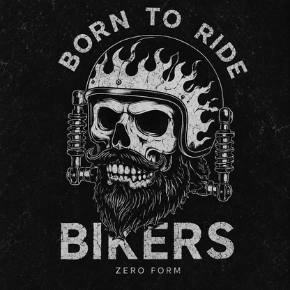 Zerofrom Born to Ride Oversized | 100% Cotton Acid Wash Bearded skull wearing a helmet with flames, text 'Born to Ride Bikers' on a black background.